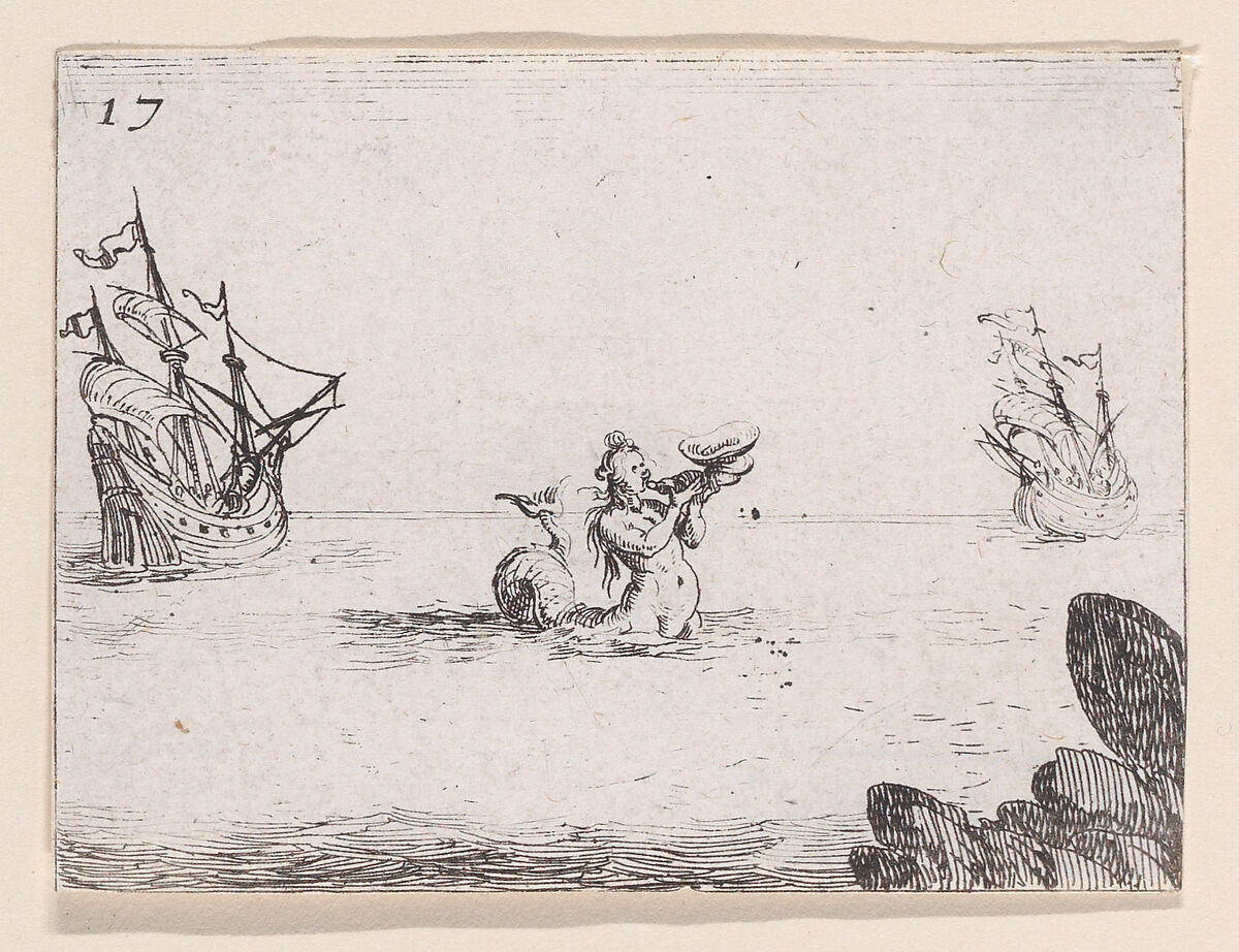Une Sirène entre Deux Vaisseaux (A Siren between Two Ships), plate 17 from "Lux Claustri ou La Lumière du Cloitre" (The Light of the Cloisters), Jacques Callot (French, Nancy 1592–1635 Nancy), Etching; second state of two (Lieure) 