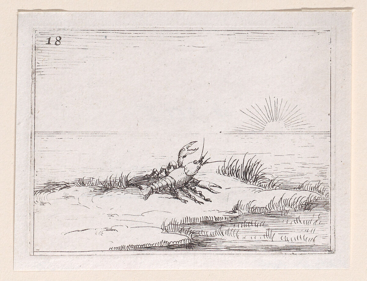 Une Ecrevisse Regardant le Soleil (A Crayfish Looking at the Sun), plate 18 from "Lux Claustri ou La Lumière du Cloitre" (The Light of the Cloisters), Jacques Callot (French, Nancy 1592–1635 Nancy), Etching; second state of two (Lieure) 