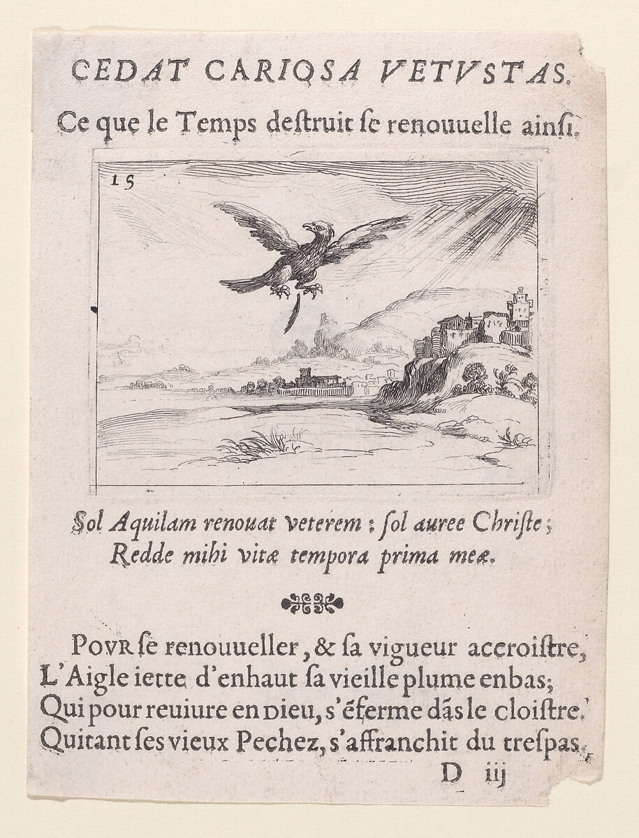 Un Aigle Jetant une Vieille Plume (An Eagle Dropping an Old Feather), plate 15 from "Lux Claustri ou La Lumière du Cloitre" (The Light of the Cloisters), Jacques Callot (French, Nancy 1592–1635 Nancy), Etching; second state of two (Lieure) 