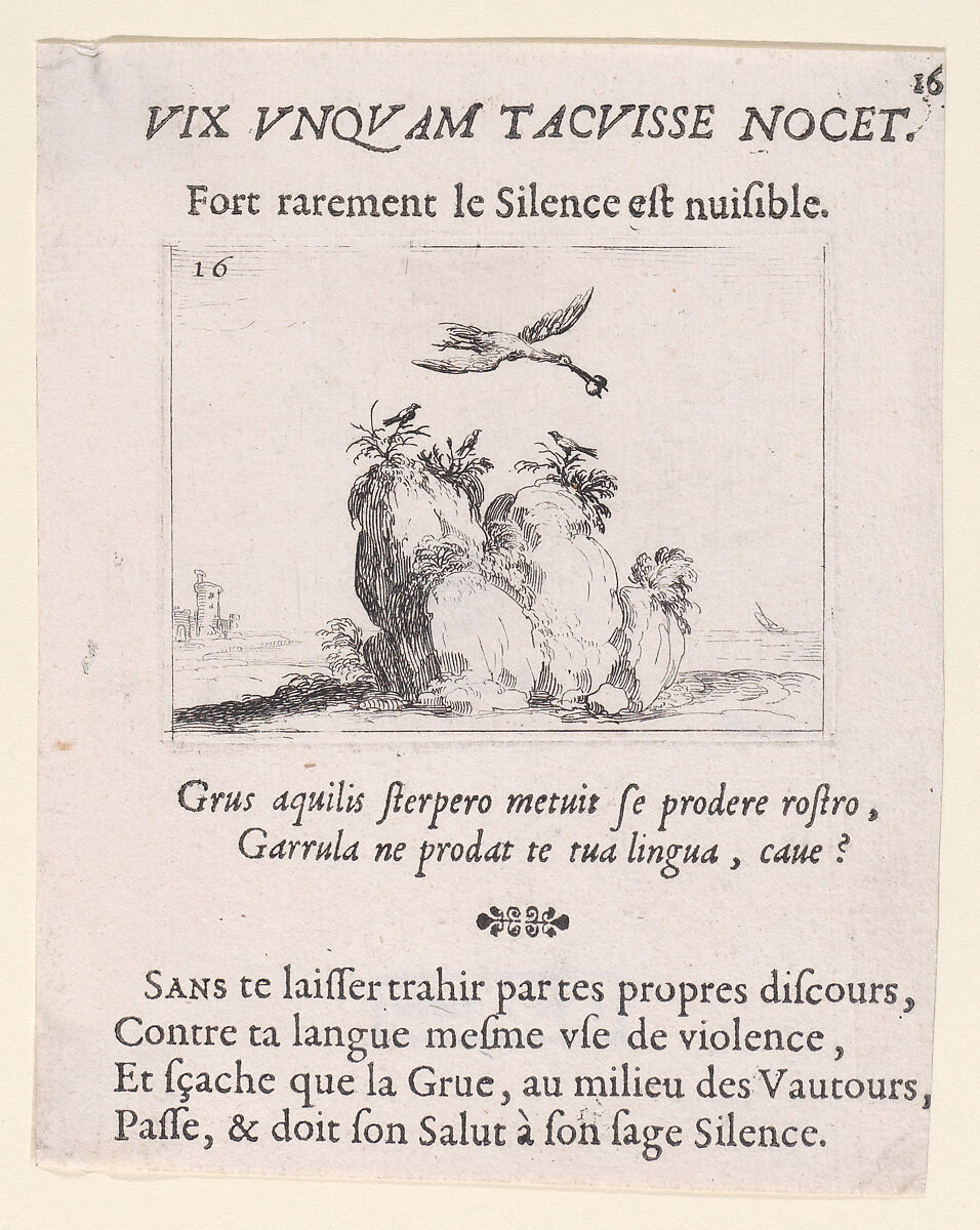 Une Grue Volant (A Flying Crane), plate 16 from "Lux Claustri ou La Lumière du Cloitre" (The Light of the Cloisters), Jacques Callot (French, Nancy 1592–1635 Nancy), Etching; second state of two (Lieure) 