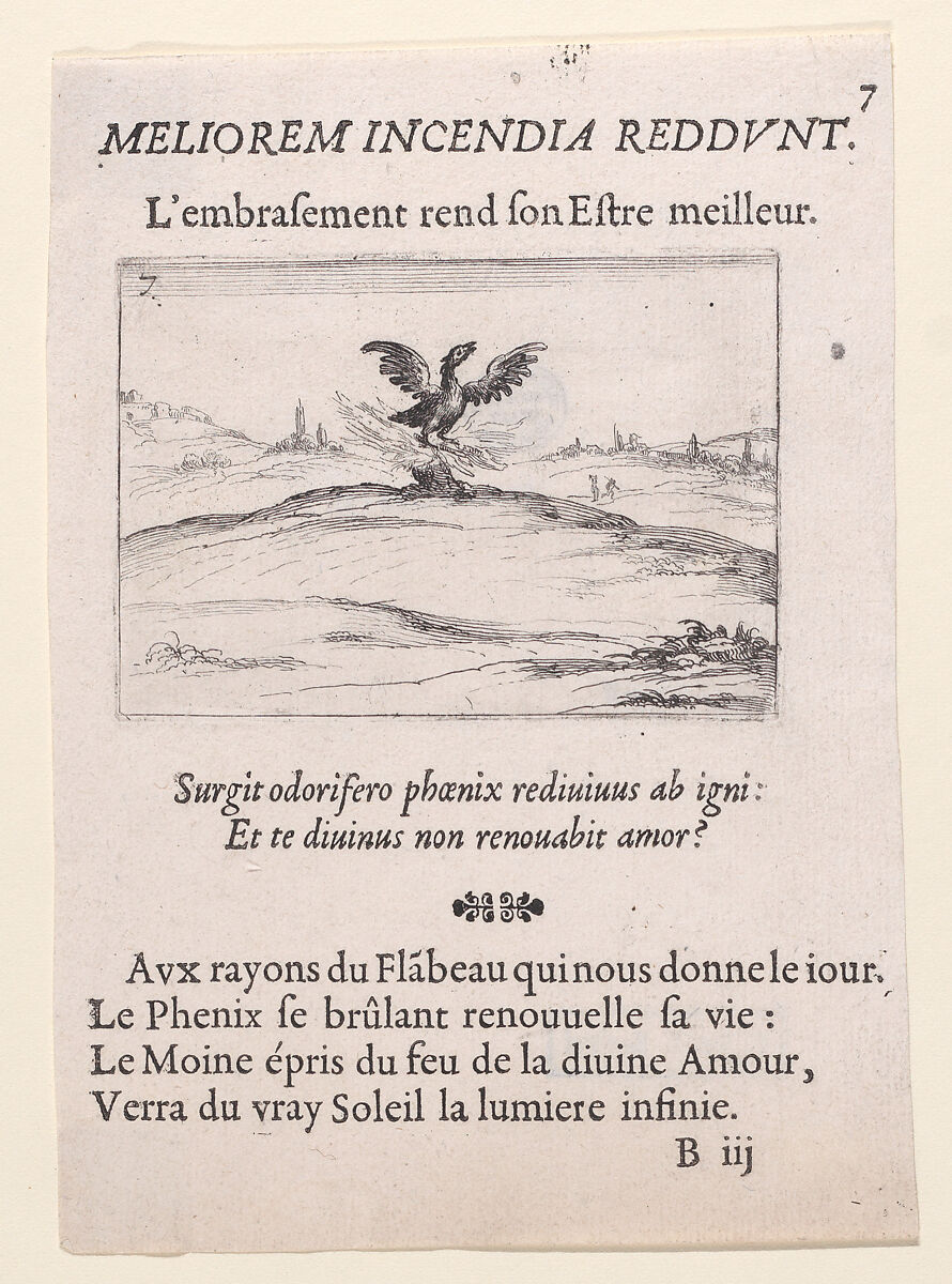 Le Phénix se Brulant (The Phoenix is Burning), plate 7 from "Lux Claustri ou La Lumière du Cloitre" (The Light of the Cloisters), Jacques Callot (French, Nancy 1592–1635 Nancy), Etching; second state of two (Lieure) 