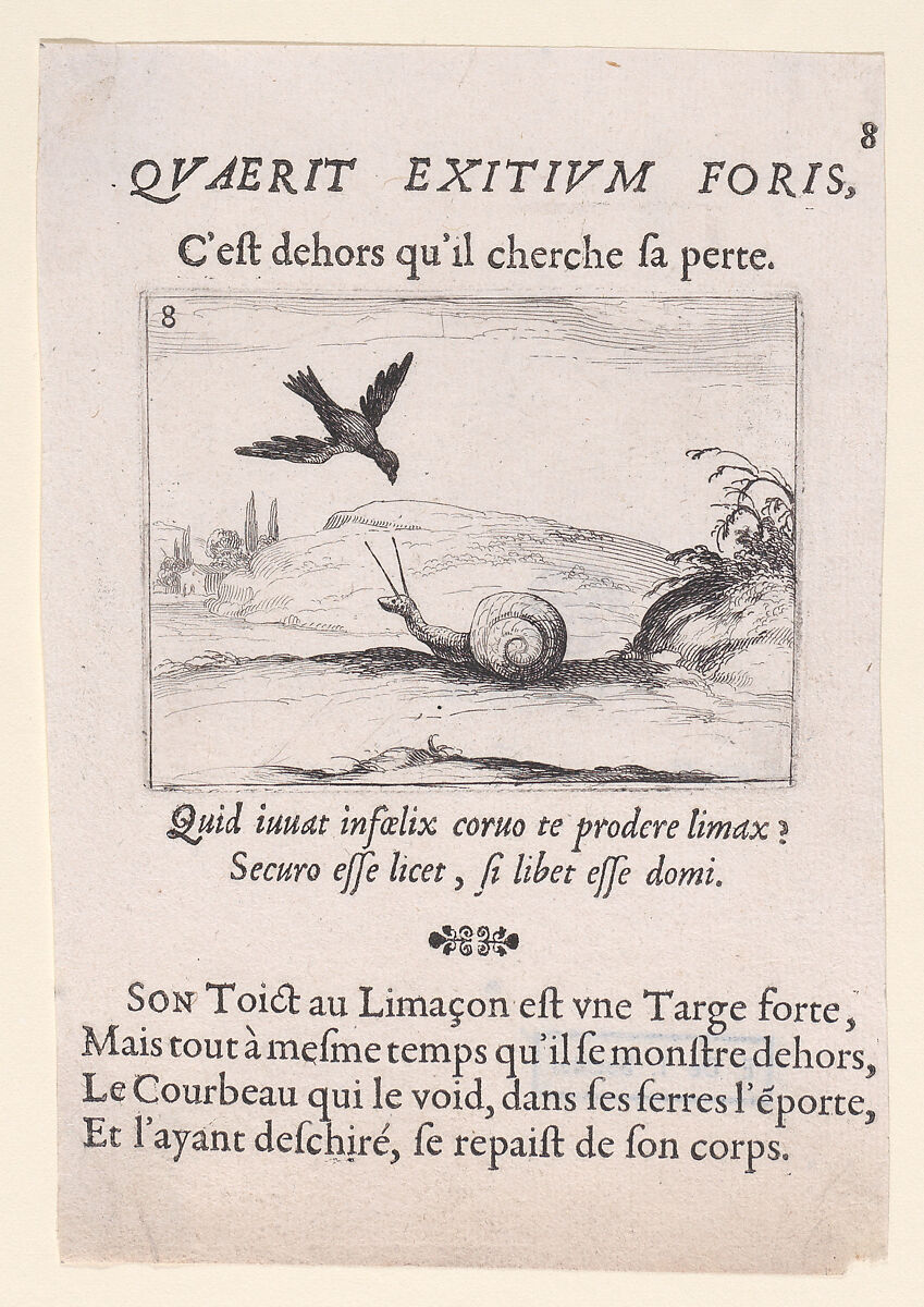 Le Corbeau et Le Limaçon (The Raven and the Snail), plate 8 from "Lux Claustri ou La Lumière du Cloitre" (The Light of the Cloisters), Jacques Callot (French, Nancy 1592–1635 Nancy), Etching; second state of two (Lieure) 