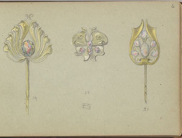 Designs for Two Gold Stickpins and a Seperate Ornament, Edgar Gilstrap Simpson (British, 1867–1945 (presumed)), Graphite and gouache 