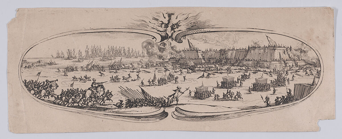 Border at Lower Left: L'Assault Genéral des Anglais a la Citadelle (The Assault of the English General on the Citadel), from an etching on six plates of a central battle scene framed by ten additional plates, entitled Siège de la Citadelle de St-Martin dans l'Île de Ré (Siege of the Citadel of St. Martin on the Île de Ré), Jacques Callot (French, Nancy 1592–1635 Nancy), Etching; third state of three (Lieure) 