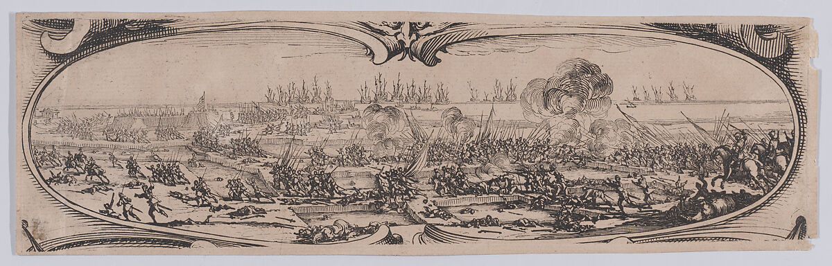 Border at Lower Right: Défaite des Anglais (Defeat of the English), from an etching on six plates of a central battle scene framed by ten additional plates, entitled Siège de la Citadelle de St-Martin dans l'Île de Ré (Siege of the Citadel of St. Martin on the Île de Ré), Jacques Callot (French, Nancy 1592–1635 Nancy), Etching; third state of three (Lieure) 