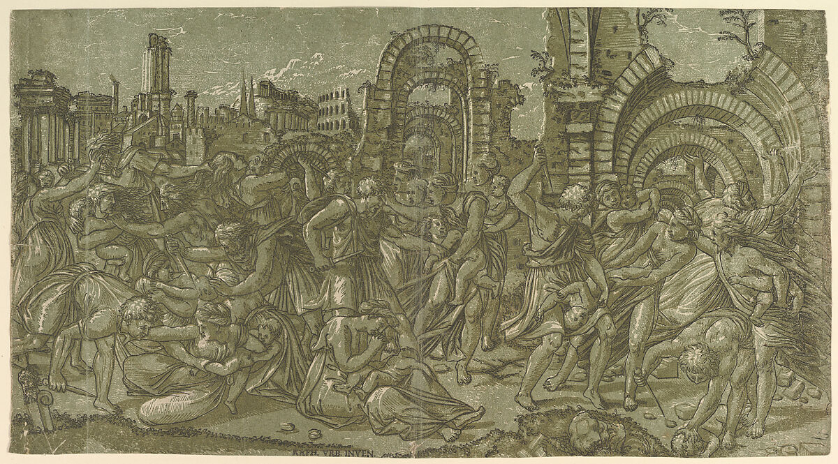 Massacre of the Innocents, Master ND (Italian, active 1540s), Chiaroscuro woodcut printed from three blocks in green, dark green and black 