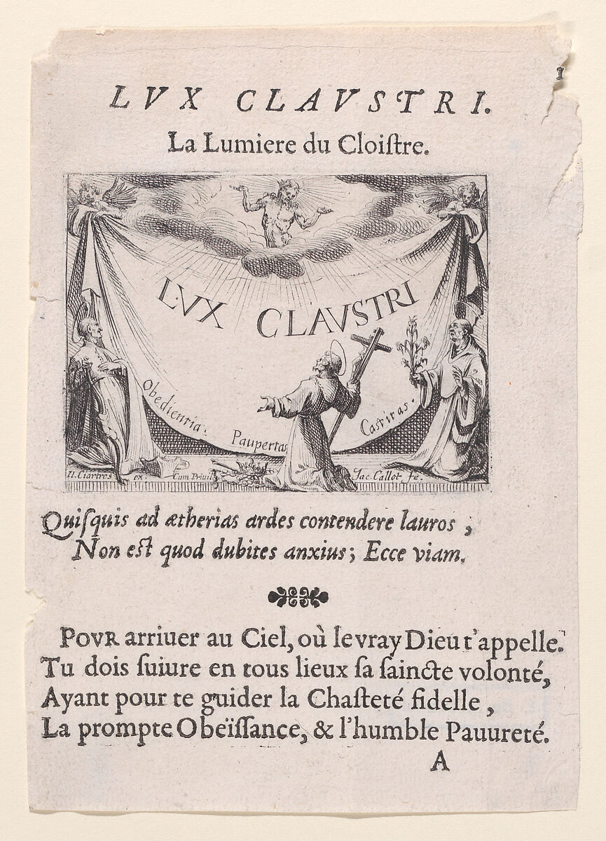 Frontispiece, from Lux Claustri ou La Lumière du Cloitre (The Light of the Cloisters), plate 1, Jacques Callot (French, Nancy 1592–1635 Nancy), Etching and letterpress; second state of two (Lieure) 