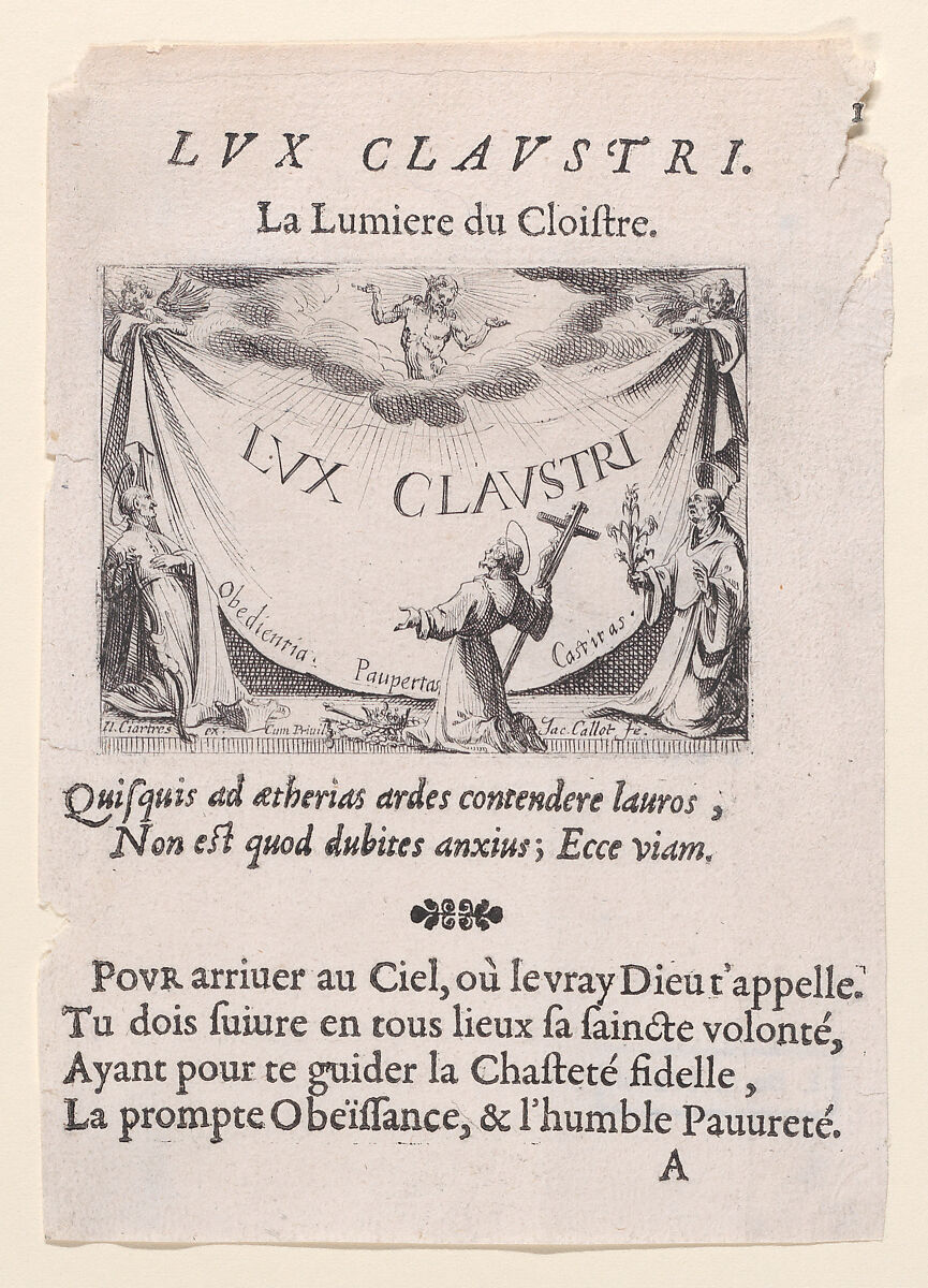 Frontispiece, plate 1 from "Lux Claustri ou La Lumière du Cloitre" (The Light of the Cloisters), Jacques Callot (French, Nancy 1592–1635 Nancy), Etching and letterpress; second state of two (Lieure) 