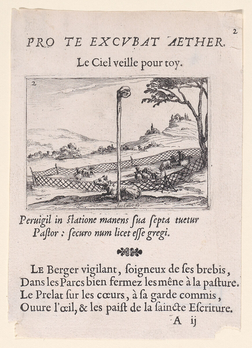 L'Oeil Vigilant (The Vigilant Eye), plate 2 from "Lux Claustri ou La Lumière du Cloitre" (The Light of the Cloisters), Jacques Callot (French, Nancy 1592–1635 Nancy), Etching and letterpress; second state of two (Lieure) 