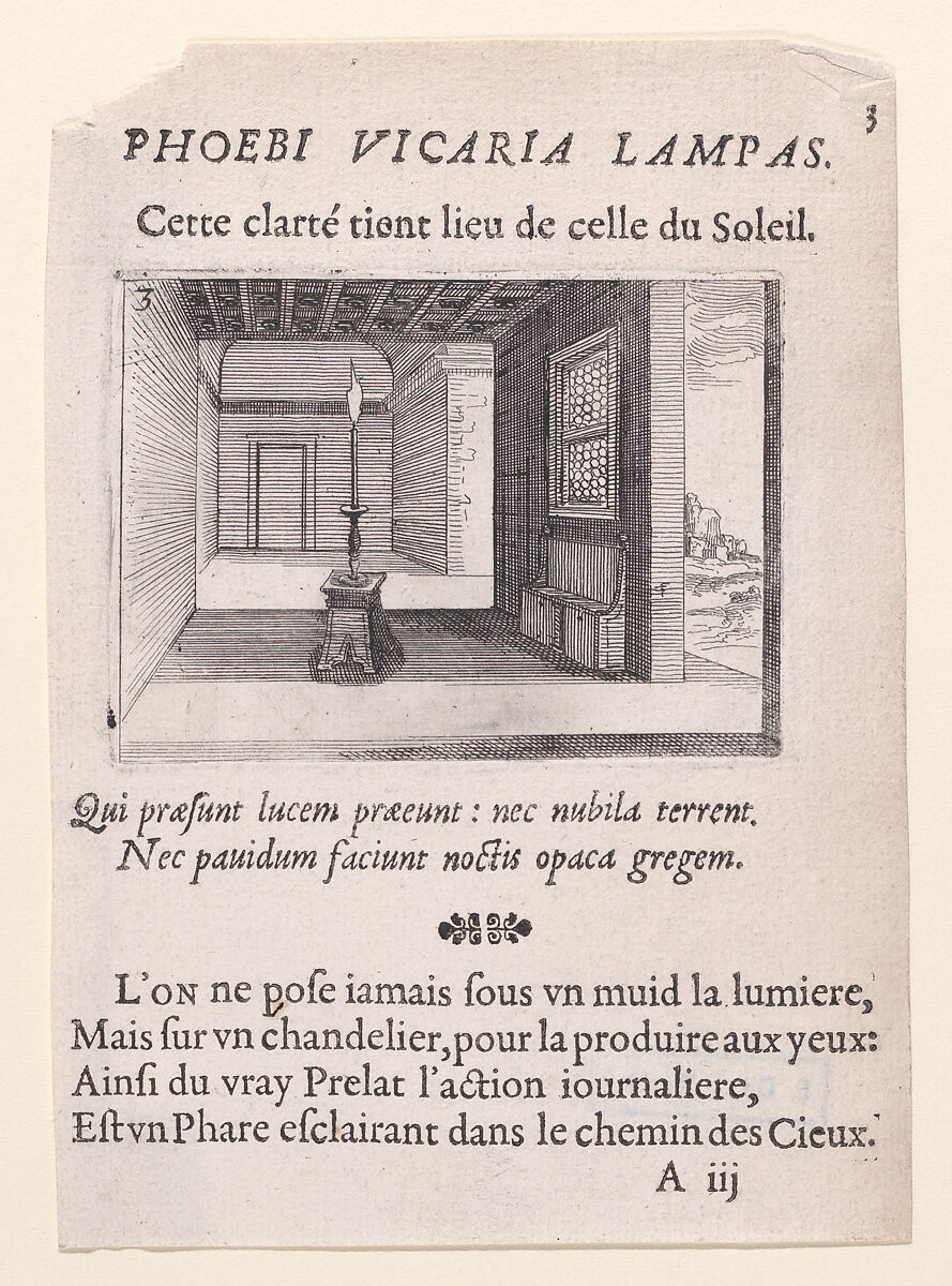 Le Chandelier (The Candelabra), plate 3 from "Lux Claustri ou La Lumière du Cloitre" (The Light of the Cloisters), Jacques Callot (French, Nancy 1592–1635 Nancy), Etching and letterpress; second state of two (Lieure) 