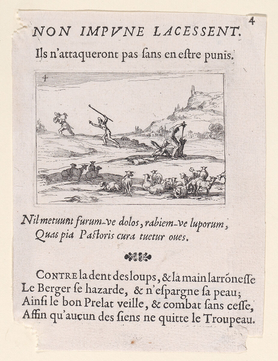 Les Bergers Défendant leur Troupeau (The Shepherds Defending their Herd), plate 4 from "Lux Claustri ou La Lumière du Cloitre" (The Light of the Cloisters), Jacques Callot (French, Nancy 1592–1635 Nancy), Etching and letterpress; second state of two (Lieure) 