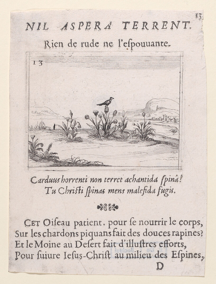 L'Oiseau Posé sur un Chardon en Fleurs (The Bird Standing on Thistle Flower), plate 13 from "Lux Claustri ou La Lumière du Cloitre" (The Light of the Cloisters), Jacques Callot (French, Nancy 1592–1635 Nancy), Etching and letterpress; second state of two (Lieure) 