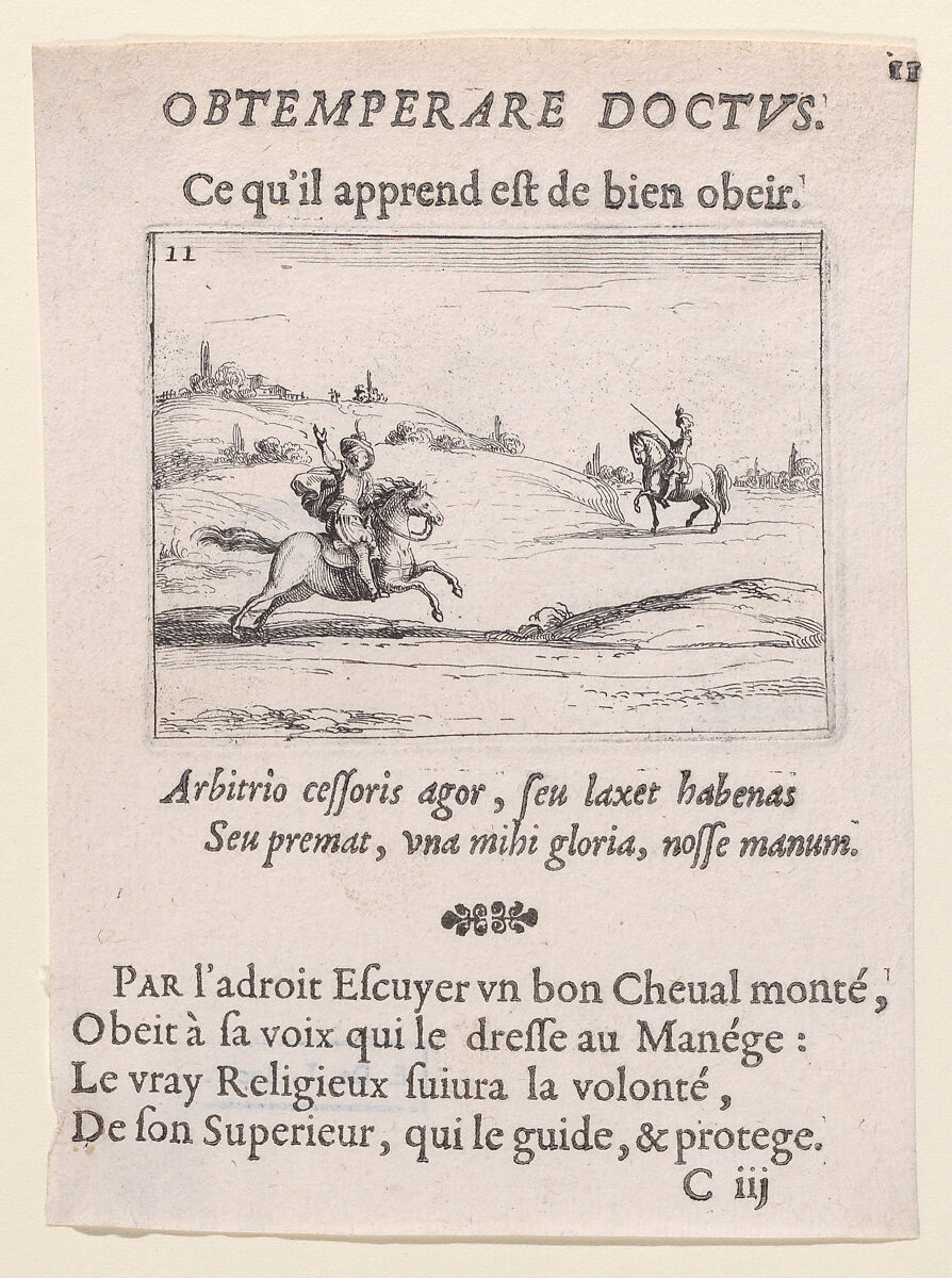 Deux Écuyers (Two Squires), plate 11 from "Lux Claustri ou La Lumière du Cloitre" (The Light of the Cloisters), Jacques Callot (French, Nancy 1592–1635 Nancy), Etching and letterpress; second state of two (Lieure) 