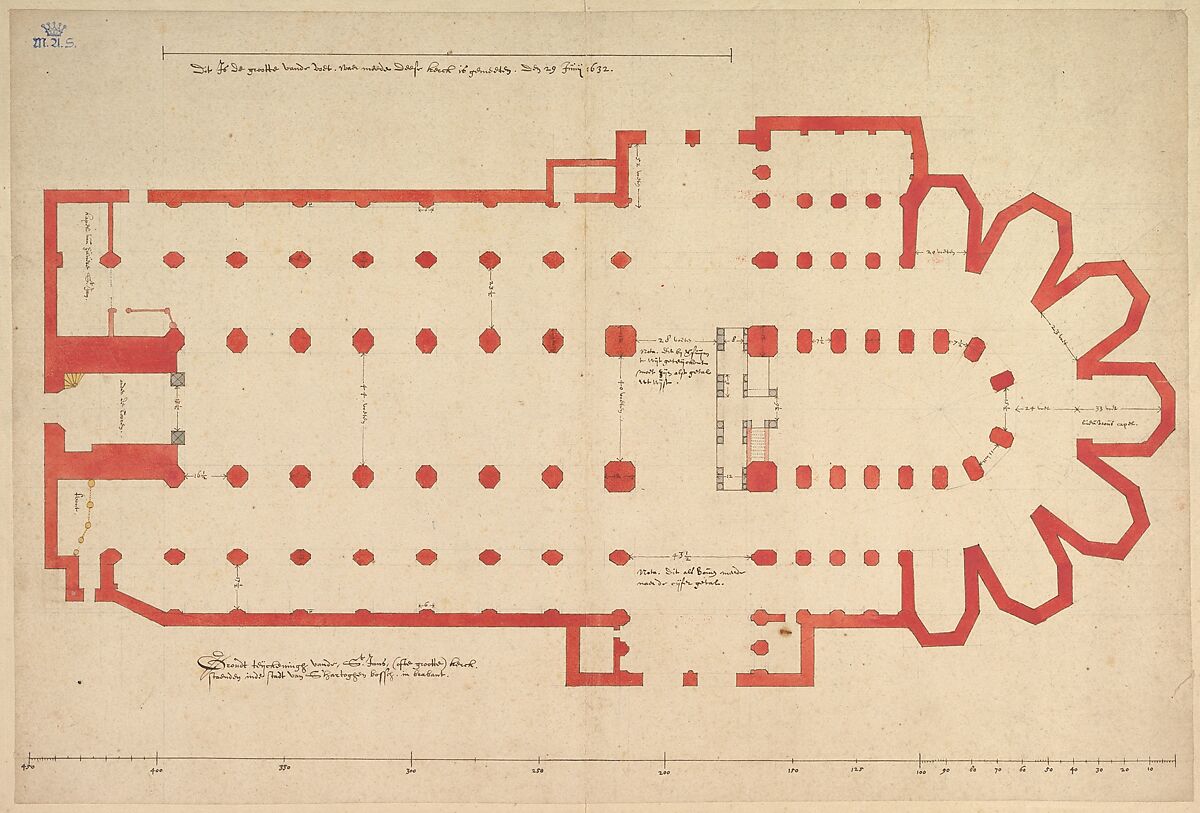Groundplan of the Church of Saint John in ’s-Hertogenbosch, Pieter Jansz. Saenredam (Dutch, Assendelft 1597–1665 Haarlem), Pen and brown ink, yellow, gray and red wash, over lead or graphite 