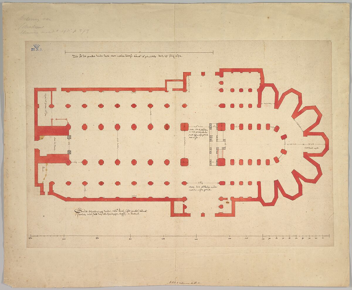 Groundplan of the Church of Saint John in ’s-Hertogenbosch, Pieter Jansz. Saenredam (Dutch, Assendelft 1597–1665 Haarlem), Pen and brown ink, yellow, gray and red wash, over lead or graphite