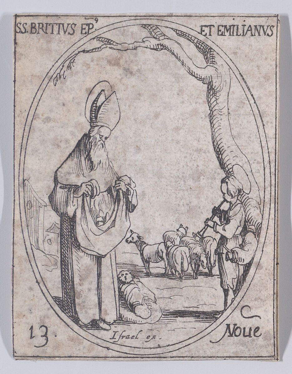 S. Brice, évêque et S. Emilianus (St. Brice, Bishop and St. Emilianus), November 13th, from "Les Images De Tous Les Saincts et Saintes de L'Année" (Images of All of the Saints and Religious Events of the Year), Jacques Callot (French, Nancy 1592–1635 Nancy), Etching; second state of two (Lieure) 