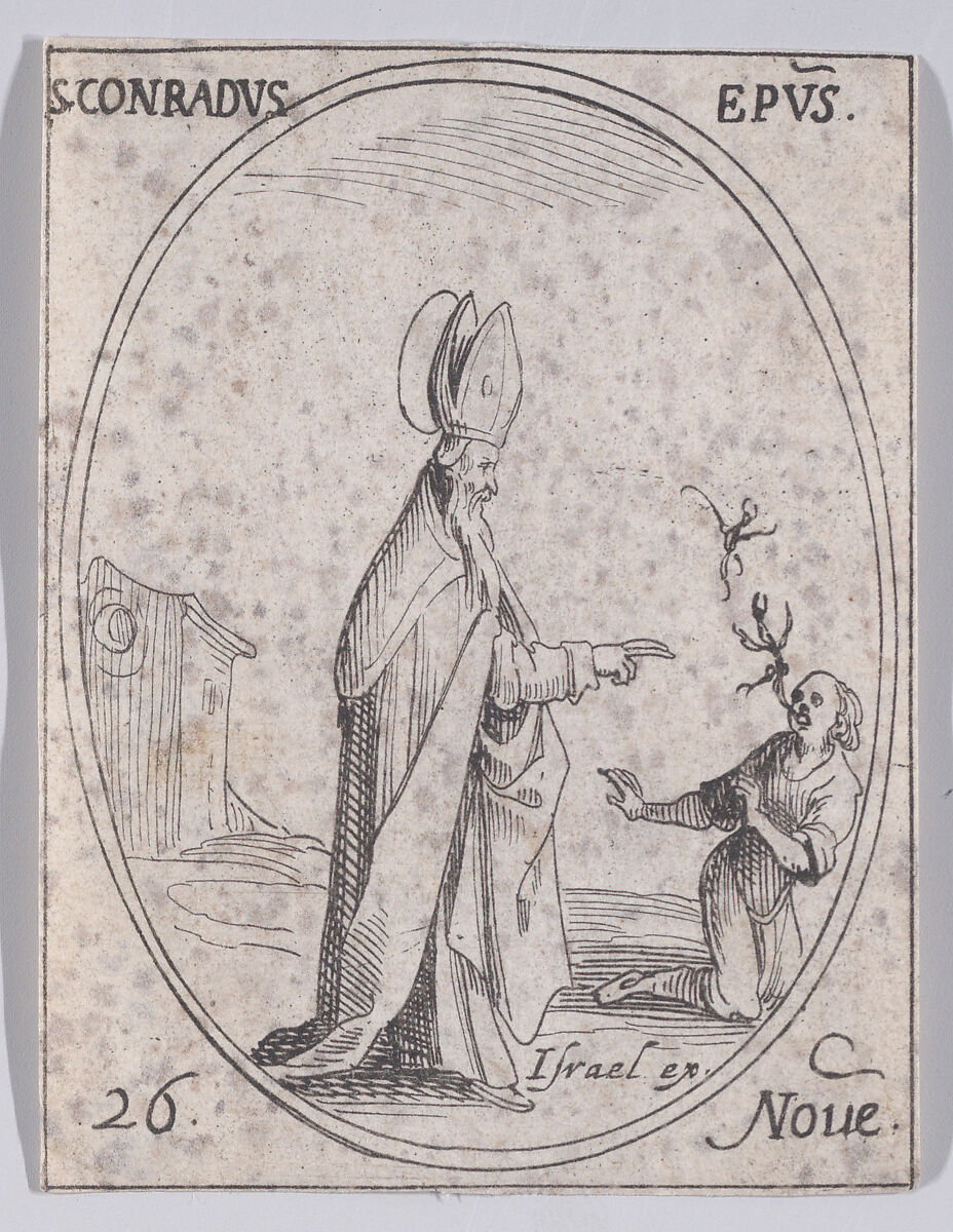 S. Conrad, évêque (St. Conrad, Bishop), November 26th, from "Les Images De Tous Les Saincts et Saintes de L'Année" (Images of All of the Saints and Religious Events of the Year), Jacques Callot (French, Nancy 1592–1635 Nancy), Etching; second state of two (Lieure) 