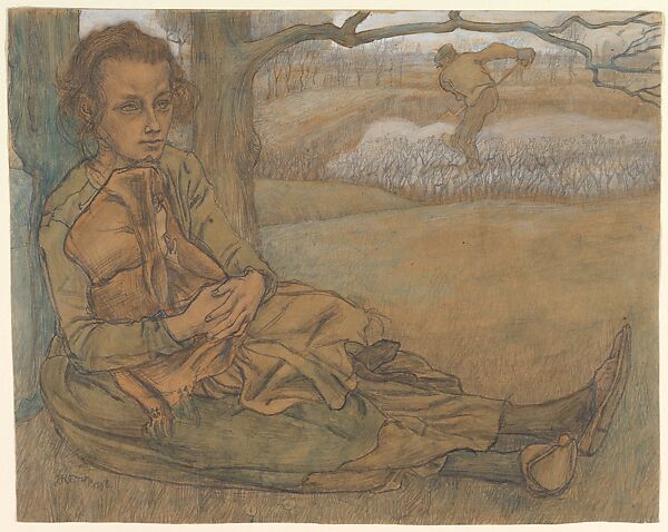 Woman and Child Resting, a Man Working in the Field Beyond, Jan Toorop  Dutch, Graphite, watercolor, white gouache