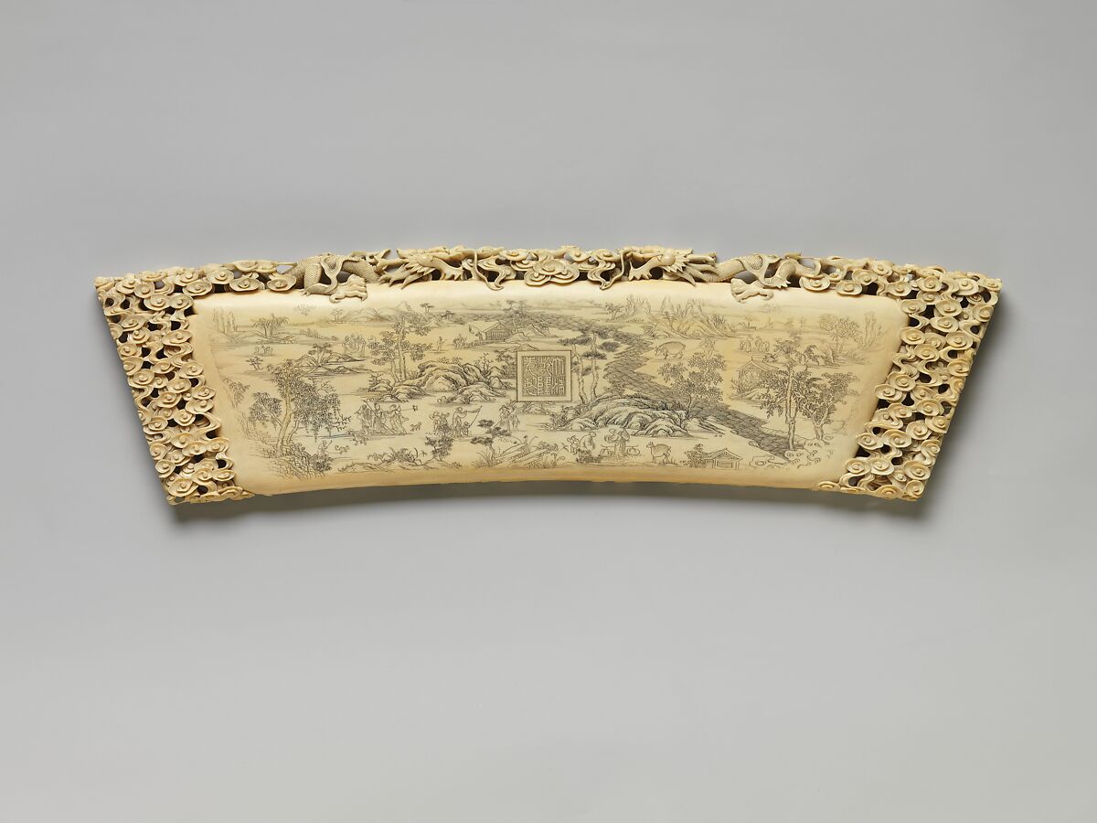 Plaque with dragon, pheasant, quail, and other birds amidst bamboo and plum blossom, Ivory with pigment, China