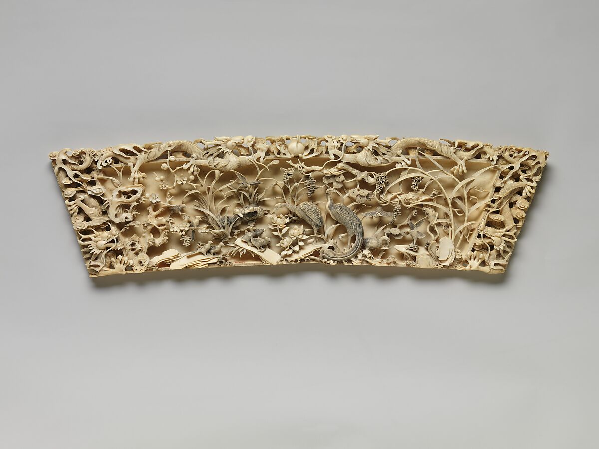 Plaque with dragon, pheasant, quail, and other birds amidst bamboo and plum blossom, Ivory with pigment, China 