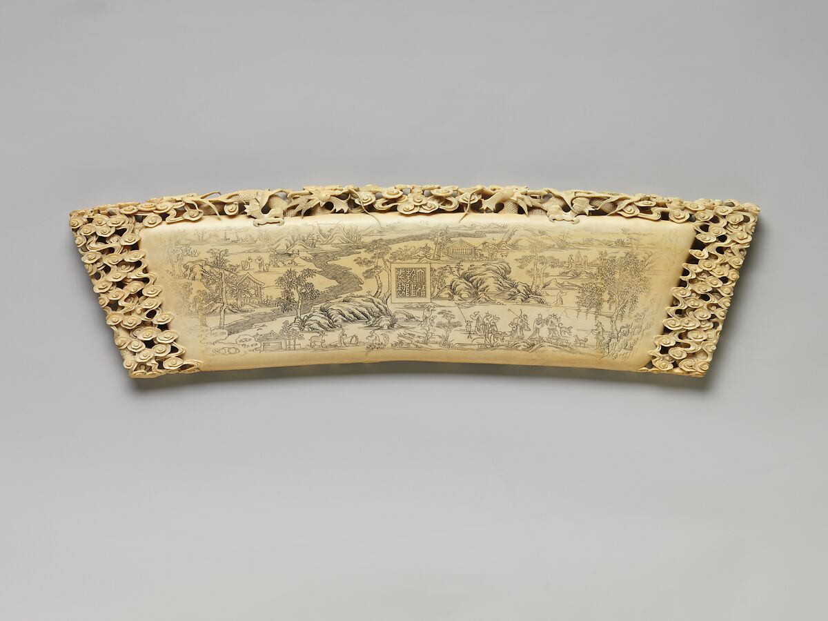 Plaque with dragon, pheasant, quail, and other birds amidst bamboo and plum blossom, Ivory with pigment, China