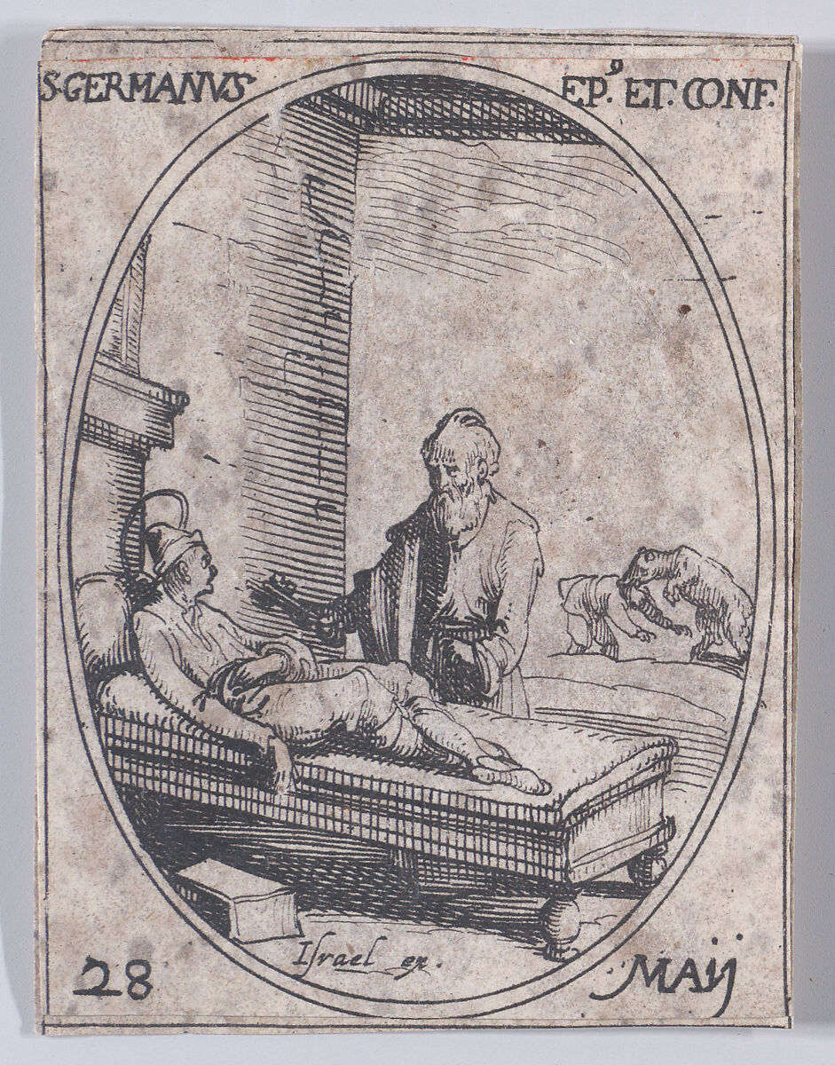 S. Germain, évêque et confesseur (St. Germanus, Bishop and Confessor), May 28th, from "Les Images De Tous Les Saincts et Saintes de L'Année" (Images of All of the Saints and Religious Events of the Year), Jacques Callot (French, Nancy 1592–1635 Nancy), Etching; second state of two (Lieure) 