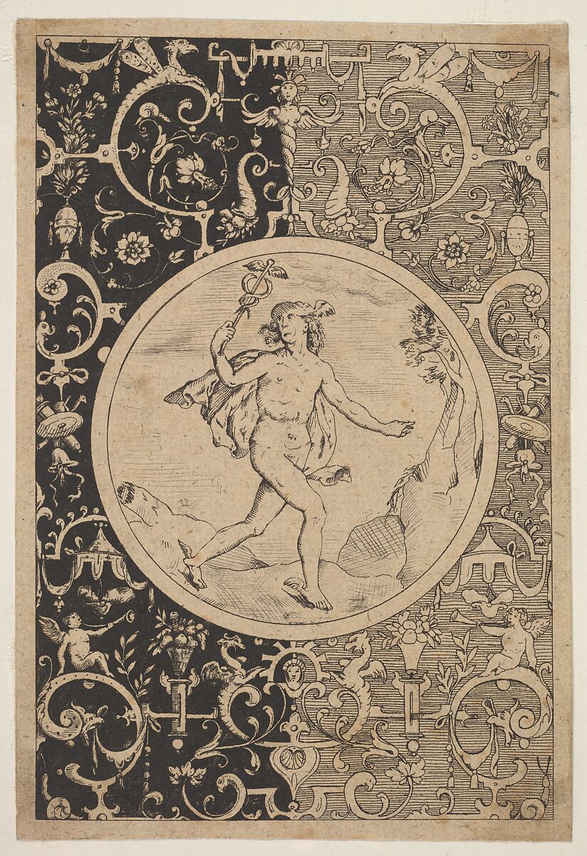 Mercury in a Decorative Frame with Grotesques, After Adriaen Collaert (Netherlandish, Antwerp ca. 1560–1618 Antwerp), Engraving and blackwork 