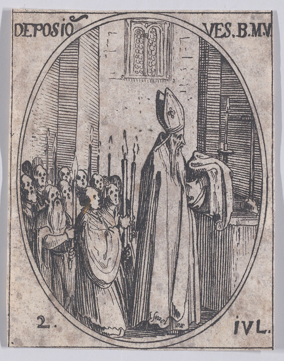 La Déposition des Vêtements de la Sainte Vierge (The Deposition of the Virgin's Clothes), July 2nd, from "Les Images De Tous Les Saincts et Saintes de L'Année" (Images of All of the Saints and Religious Events of the Year), Jacques Callot (French, Nancy 1592–1635 Nancy), Etching; second state of two (Lieure) 