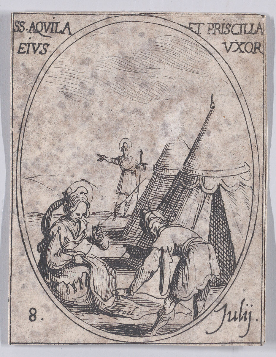 S. Aquilla et Se. Priscille, sa femme (St. Aquila and St. Priscilla, His Wife), July 8th, from "Les Images De Tous Les Saincts et Saintes de L'Année" (Images of All of the Saints and Feast Days of the Year), Jacques Callot (French, Nancy 1592–1635 Nancy), Etching; second state of two (Lieure) 