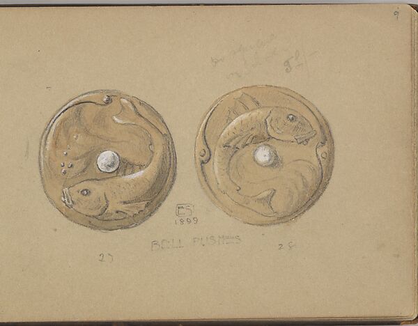 Two Designs for a Bell Push with a Fish Motif, Edgar Gilstrap Simpson (British, 1867–1945 (presumed)), Graphite and gouache 