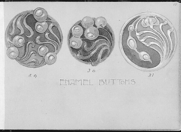 Three Designs for Enamel Buttons, Edgar Gilstrap Simpson (British, 1867–1945 (presumed)), Graphite and gouache