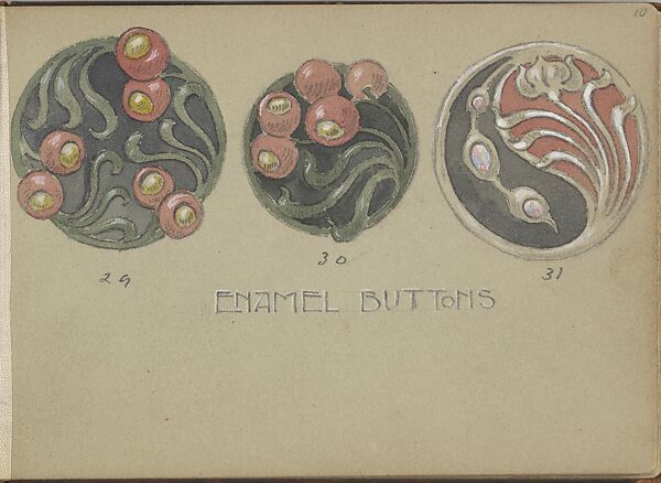 Three Designs for Enamel Buttons, Edgar Gilstrap Simpson (British, 1867–1945 (presumed)), Graphite and gouache 