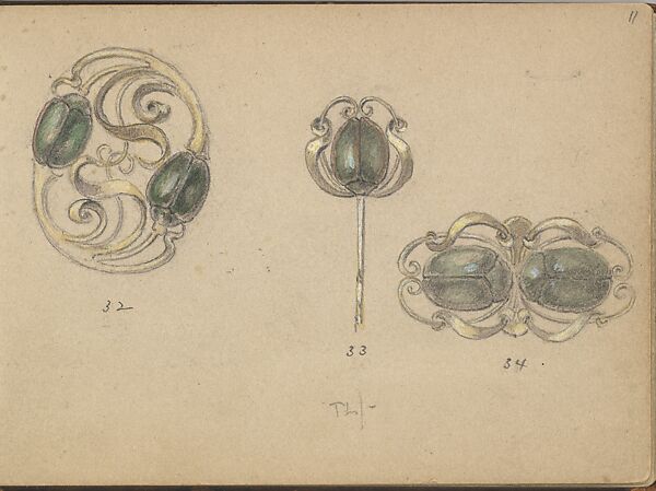 Three Designs for Jewelry with a Beetle Motif, Edgar Gilstrap Simpson (British, 1867–1945 (presumed)), Graphite and gouache 