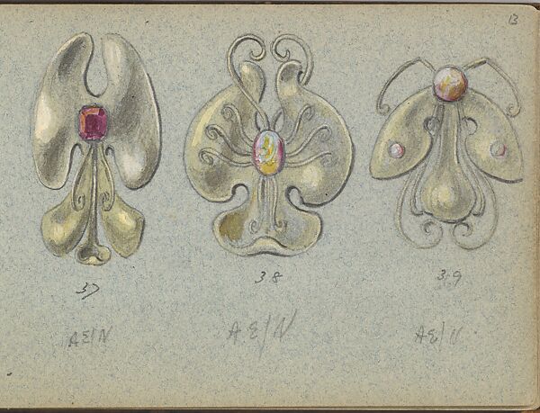 Three Jewelry Designs, Edgar Gilstrap Simpson (British, 1867–1945 (presumed)), Graphite and gouache 