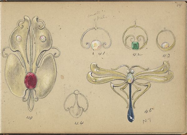 Six Designs for Jewelry, Edgar Gilstrap Simpson (British, 1867–1945 (presumed)), Graphite and gouache 
