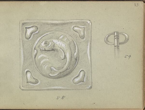 Design for a Decorative (Key?) Plate and a Key Grip, Edgar Gilstrap Simpson (British, 1867–1945 (presumed)), Graphite and gouache 