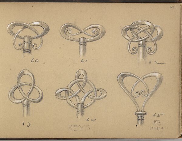 Six Designs for Key Grips, Edgar Gilstrap Simpson (British, 1867–1945 (presumed)), Graphite and gouache 
