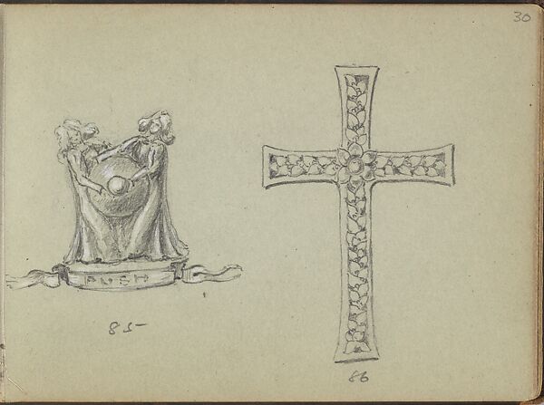 Design for a Push Bell and a Cross, Edgar Gilstrap Simpson (British, 1867–1945 (presumed)), Graphite and gouache 