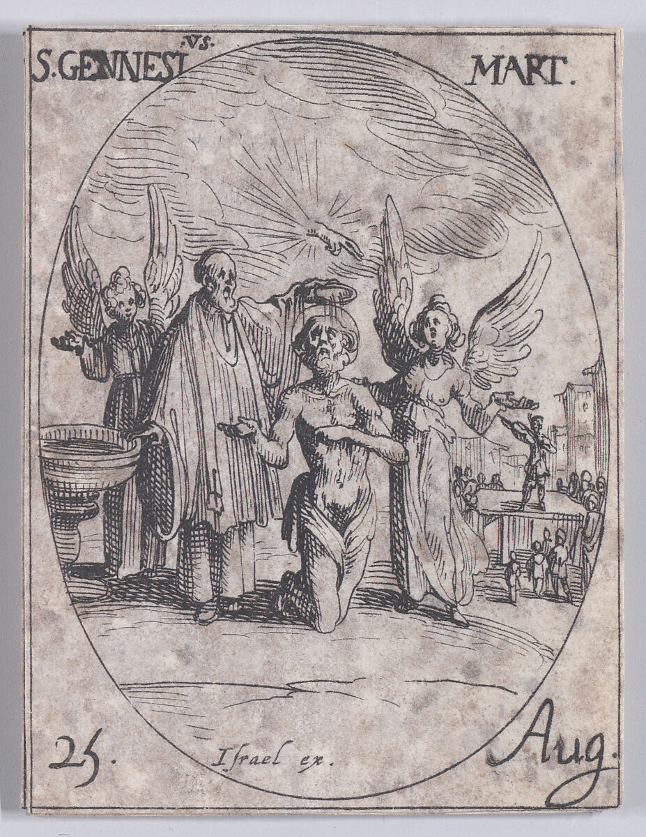S. Genès, martyr (St. Genesius, Martyr), August 25th, from Les Images De Tous Les Saincts et Saintes de L'Année (Images of All of the Saints and Religious Events of the Year), Jacques Callot (French, Nancy 1592–1635 Nancy), Etching; second state of two (Lieure) 
