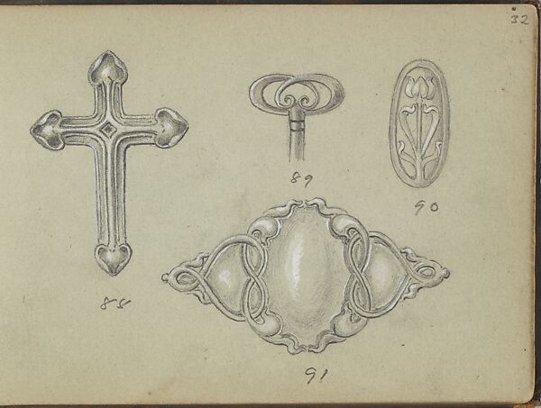 Four Designs Including a Cross and a Key Grip, Edgar Gilstrap Simpson (British, 1867–1945 (presumed)), Graphite and gouache 