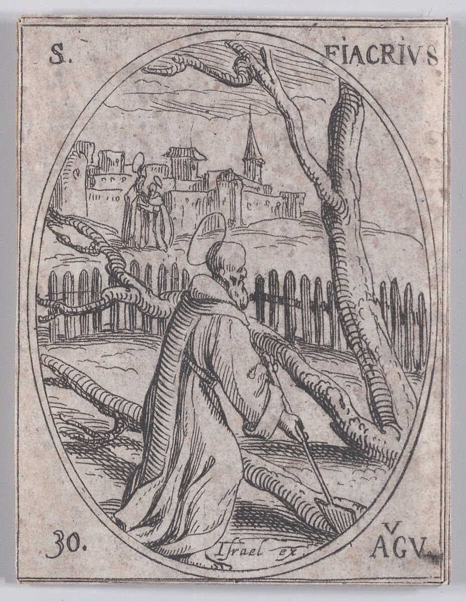 St. Fiacre, August 30th, from Les Images De Tous Les Saincts et Saintes de L'Année (Images of All of the Saints and Religious Events of the Year), Jacques Callot (French, Nancy 1592–1635 Nancy), Etching; second state of two (Lieure) 