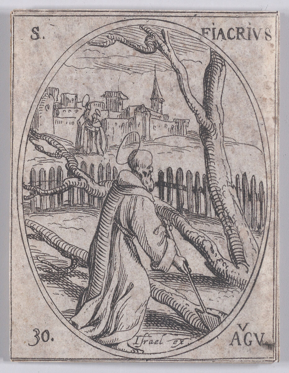 St. Fiacre, August 30th, from "Les Images De Tous Les Saincts et Saintes de L'Année" (Images of All of the Saints and Religious Events of the Year), Jacques Callot (French, Nancy 1592–1635 Nancy), Etching; second state of two (Lieure) 