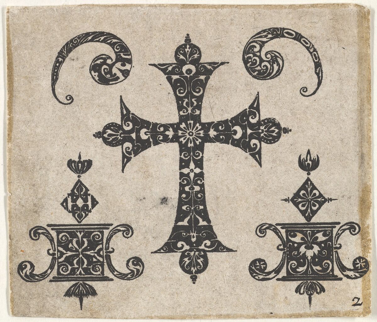 Blackwork Print with a Latin Cross and Small Motifs, Claes Jansz. Visscher (Dutch, Amsterdam 1586–1652 Amsterdam), blackwork 