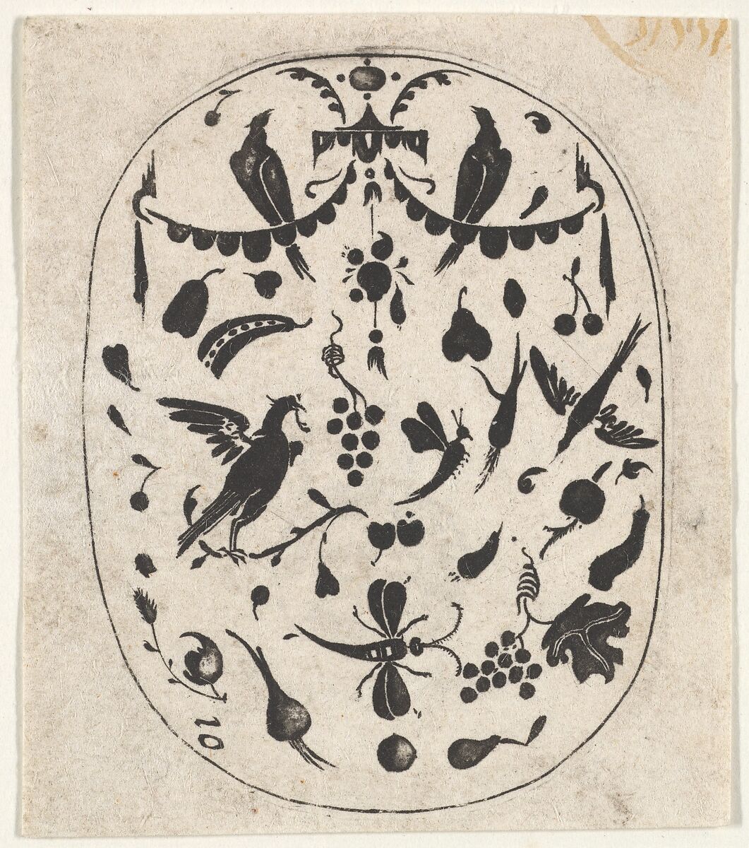 Oval Blackwork Print with Birds, Insects and Fruits