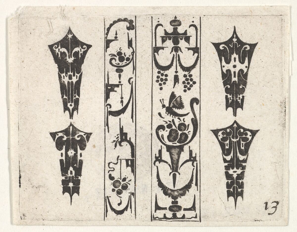 Blackwork Print with Two Vertical Panels and Four Bezels, Claes Jansz. Visscher (Dutch, Amsterdam 1586–1652 Amsterdam), blackwork 
