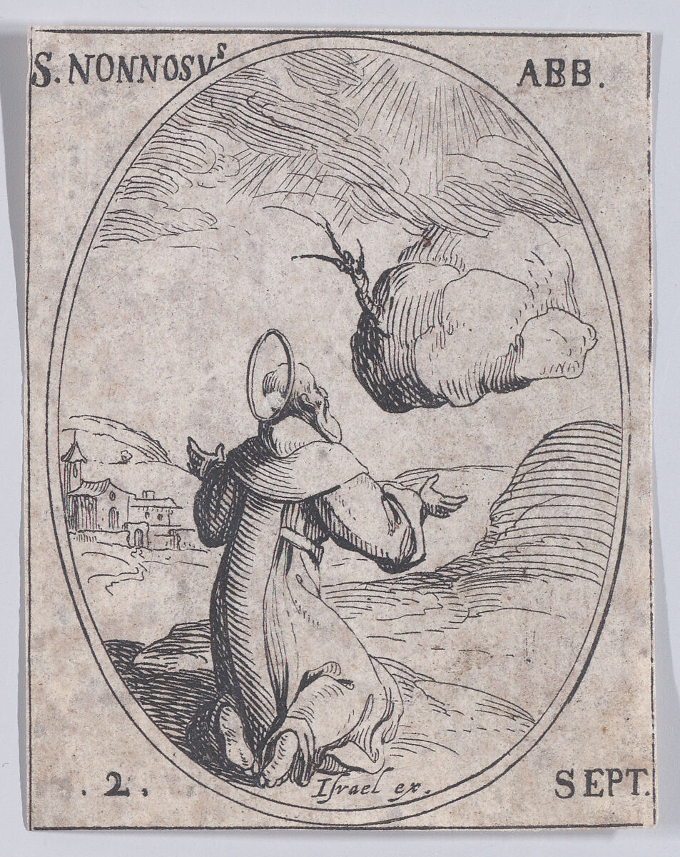 S. Nonnose, abbé (St. Nonossus, Abbot), September 2nd, from "Les Images De Tous Les Saincts et Saintes de L'Année" (Images of All of the Saints and Religious Events of the Year), Jacques Callot (French, Nancy 1592–1635 Nancy), Etching; second state of two (Lieure) 