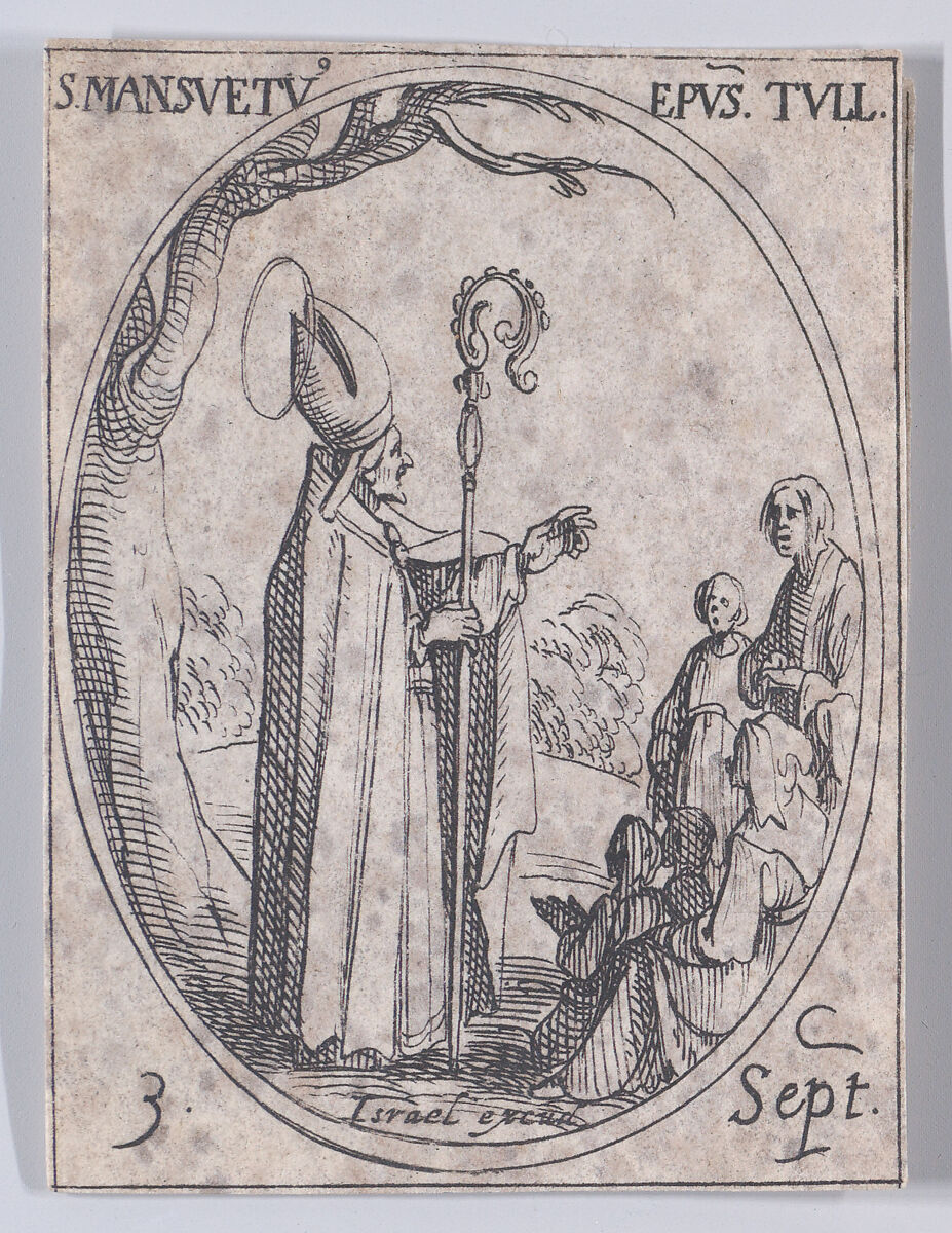 S. Mansuet, évêque (St. Mansuetus, Bishop), September 3rd, from "Les Images De Tous Les Saincts et Saintes de L'Année" (Images of All of the Saints and Religious Events of the Year), Jacques Callot (French, Nancy 1592–1635 Nancy), Etching; second state of two (Lieure) 