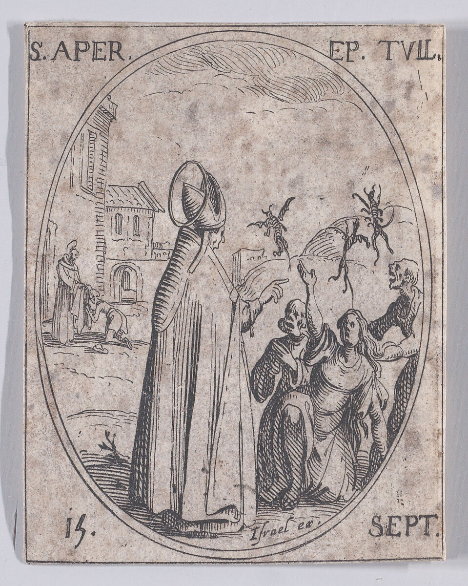 S. Apre, évêque de Toul (St. Aper (Aprus), Bishop of Toul), September 15th, from "Les Images De Tous Les Saincts et Saintes de L'Année" (Images of All of the Saints and Religious Events of the Year), Jacques Callot (French, Nancy 1592–1635 Nancy), Etching; second state of two (Lieure) 