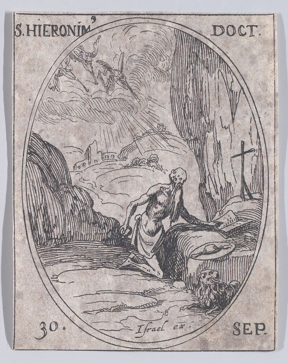 S. Jérôme, docteur (St. Jerome, Doctor), September 30th, from "Les Images De Tous Les Saincts et Saintes de L'Année" (Images of All of the Saints and Religious Events of the Year), Jacques Callot (French, Nancy 1592–1635 Nancy), Etching; second state of two (Lieure) 
