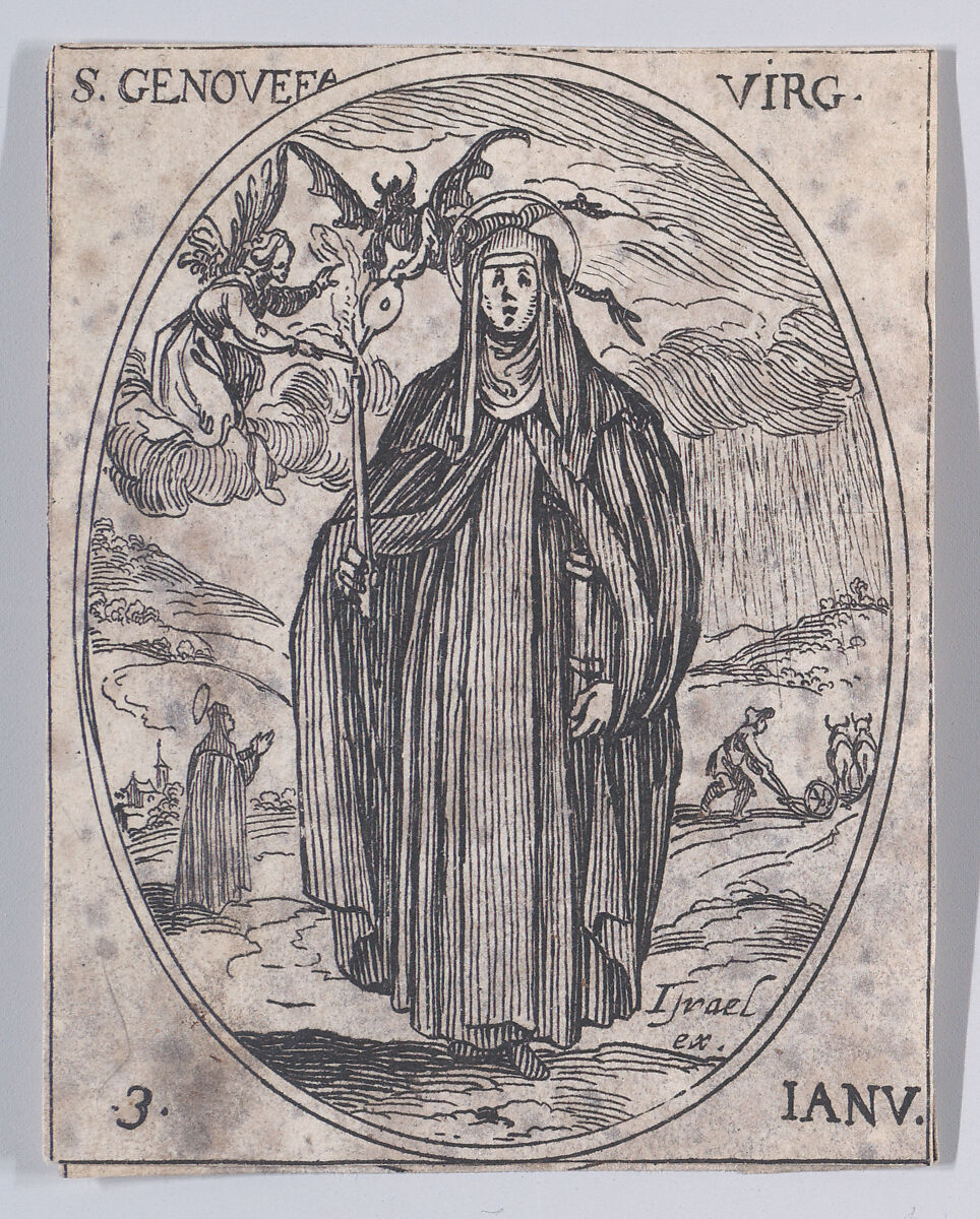 Ste. Geneviève, vierge (St. Genevieve, Virgin), January 3rd, from "Les Images De Tous Les Saincts et Saintes de L'Année" (Images of All of the Saints and Feast Days of the Year), Jacques Callot (French, Nancy 1592–1635 Nancy), Etching; second state of two (Lieure) 